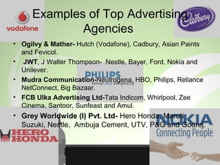 Examples of Top Advertising
Agencies
• Ogilvy & Mather- Hutch (Vodafone), Cadbury, Asian Paints
and Fevicol.
• JWT, J Walter Thompson- Nestle, Bayer, Ford, Nokia and
Unilever.
• Mudra Communication-Neutrogena, HBO, Philips, Reliance
NetConnect, Big Bazaar.
• FCB Ulka Advertising Ltd-Tata Indicom, Whirlpool, Zee
Cinema, Santoor, Sunfeast and Amul.
• Grey Worldwide (I) Pvt. Ltd- Hero Honda, Maruti
Suzuki, Nestle, Ambuja Cement, UTV, P&G and Godrej.
 