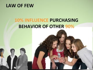 60
LAW OF FEW
10% INFLUENCE PURCHASING
BEHAVIOR OF OTHER 90%
CREATINGBUZZ
 