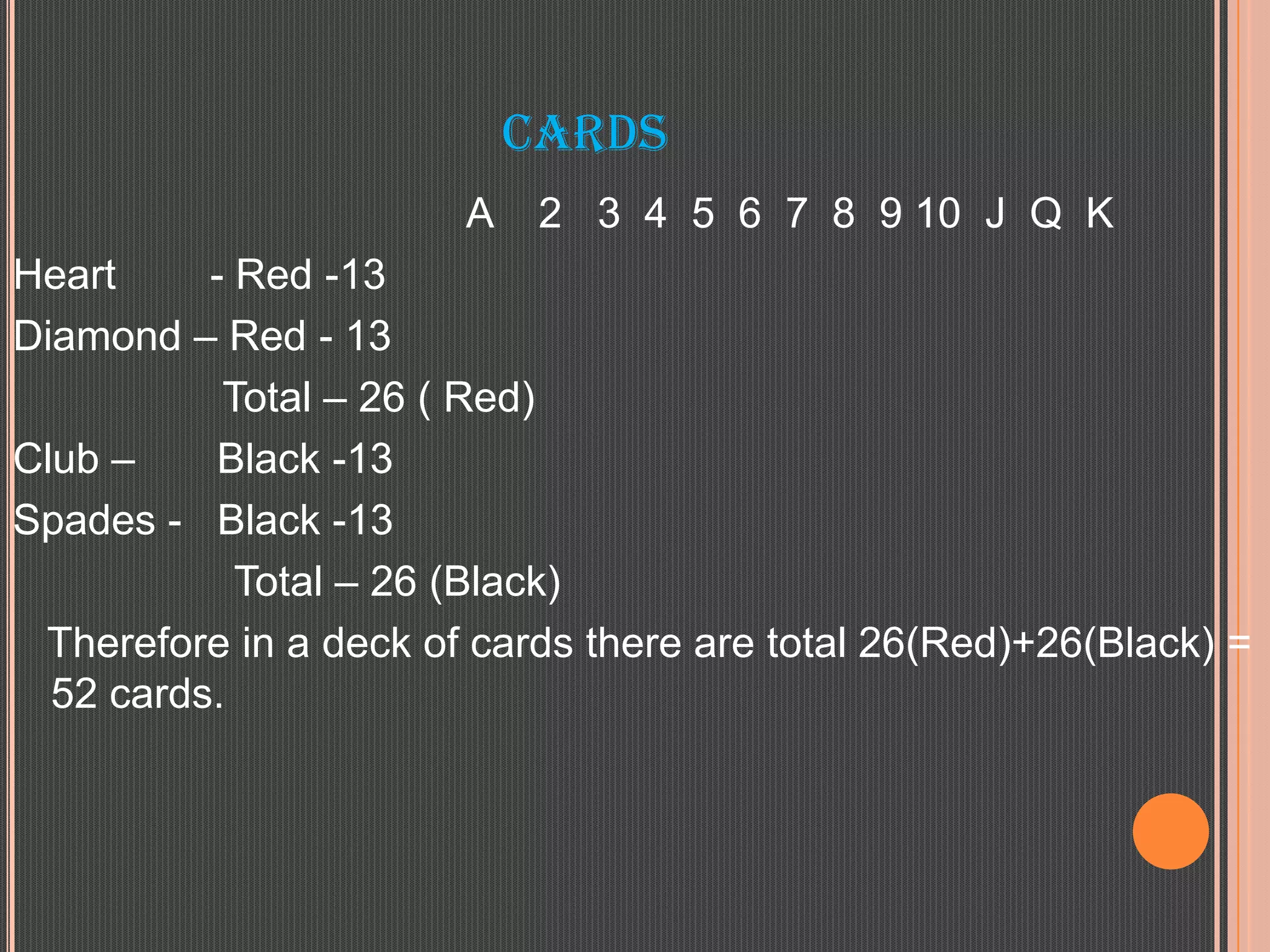 CARDS
A

2 3 4 5 6 7 8 9 10 J Q K

Heart
- Red -13
Diamond – Red - 13
Total – 26 ( Red)
Club –
Black -13
Spades - Black -13
Total – 26 (Black)
Therefore in a deck of cards there are total 26(Red)+26(Black) =
52 cards.

 