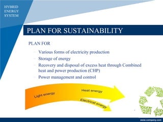www.company.com
PLAN FOR SUSTAINABILITY
– Various forms of electricity production
– Storage of energy
– Recovery and disposal of excess heat through Combined
heat and power production (CHP)
– Power management and control
PLAN FOR
HYBRID
ENERGY
SYSTEM
 