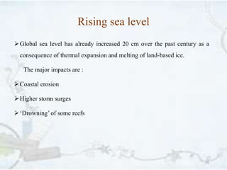 Rising sea level
Global sea level has already increased 20 cm over the past century as a
consequence of thermal expansion and melting of land-based ice.
The major impacts are :
Coastal erosion
Higher storm surges
‘Drowning’ of some reefs
26
 