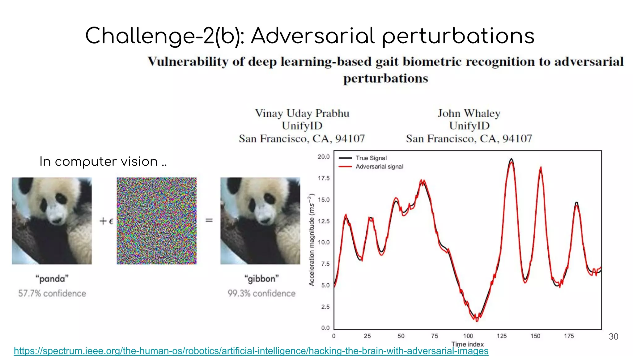 30
Challenge-2(b): Adversarial perturbations
In computer vision ..
https://spectrum.ieee.org/the-human-os/robotics/artificial-intelligence/hacking-the-brain-with-adversarial-images
 