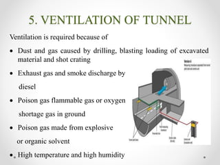5. VENTILATION OF TUNNEL
Ventilation is required because of
 Dust and gas caused by drilling, blasting loading of excavated
material and shot crating
 Exhaust gas and smoke discharge by
diesel
 Poison gas flammable gas or oxygen
shortage gas in ground
 Poison gas made from explosive
or organic solvent
 High temperature and high humidity
 