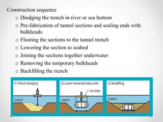 Construction sequence
o Dredging the trench in river or sea bottom
o Pre-fabrication of tunnel sections and sealing ends with
bulkheads
o Floating the sections to the tunnel trench
o Lowering the section to seabed
o Joining the sections together underwater
o Removing the temporary bulkheads
o Backfilling the trench
 