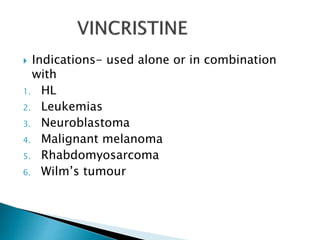  Indications- used alone or in combination
with
1. HL
2. Leukemias
3. Neuroblastoma
4. Malignant melanoma
5. Rhabdomyosarcoma
6. Wilm’s tumour
 