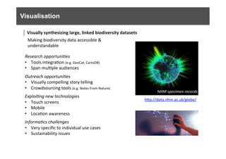 Visualisation
Visually	
  synthesizing	
  large,	
  linked	
  biodiversity	
  datasets	
  
Making	
  biodiversity	
  data	
  accessible	
  &	
  
understandable	
  
NHM	
  specimen	
  records	
  
hfp://data.nhm.ac.uk/globe/	
  
	
  
Research	
  opportuni0es	
  
•  Tools	
  integra6on	
  (e.g.	
  GeoCat,	
  CartoDB)	
  
•  Span	
  mul6ple	
  audiences	
  
	
  
Outreach	
  opportuni0es	
  
•  Visually	
  compelling	
  story	
  telling	
  
•  Crowdsourcing	
  tools	
  (e.g.	
  Notes	
  From	
  Nature)	
  
	
  
Exploi0ng	
  new	
  technologies	
  
•  Touch	
  screens	
  
•  Mobile	
  
•  Loca6on	
  awareness	
  
Informa0cs	
  challenges	
  
•  Very	
  speciﬁc	
  to	
  individual	
  use	
  cases	
  
•  Sustainability	
  issues	
  
 