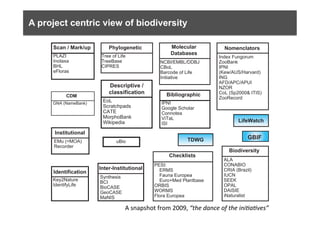 A project centric view of biodiversity
Nomenclators
Index Fungorum
ZooBank
IPNI
(Kew/AUS/Harvard)
ING
AFD/APC/APUI
NZOR
CoL (Sp2000& ITIS)
ZooRecord
PESI:
ERMS
Fauna Europea
Euro+Med Plantbase
ORBIS
WORMS
Flora Europea
Checklists
Phylogenetic
Tree of Life
TreeBase
CIPRES
Molecular
Databases
NCBI/EMBL/DDBJ
CBoL
Barcode of Life
Initiative
Biodiversity
ALA
CONABIO
CRIA (Brazil)
IUCN
SEEK
OPAL
DAISIE
iNaturalist
uBio
PLAZI
Inotaxa
BHL
eFloras
Scan / Mark/up
Identification
Key2Nature
IdentifyLife
Inter-Institutional
Synthesis
BCI
BioCASE
GeoCASE
MaNIS
Institutional
EMu (=MOA)
Recorder
TDWG
LifeWatch
GBIF
CDM
GNA (NameBank) IPNI
Google Scholar
Connotea
ViTaL
ISI
Bibliographic
Descriptive /
classification
EoL
Scratchpads
CATE
MorphoBank
Wikipedia
A	
  snapshot	
  from	
  2009,	
  “the	
  dance	
  of	
  the	
  ini0a0ves”	
  
 