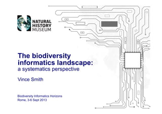 Vince Smith
The biodiversity
informatics landscape:
a systematics perspective
Biodiversity Informatics Horizons
Rome, 3-6 Sept 2013
 