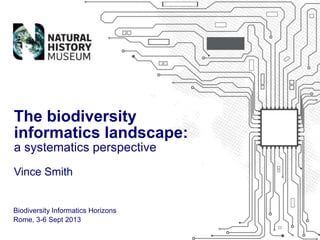 The biodiversity
informatics landscape:
a systematics perspective
Vince Smith

Biodiversity Informatics Horizons
Rome, 3-6 Sept 2013

 