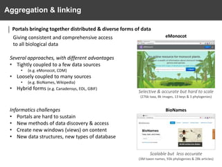 Aggregation & linking
Portals bringing together distributed & diverse forms of data
Giving consistent and comprehensive access
to all biological data

eMonocot

Several approaches, with different advantages
• Tightly coupled to a few data sources
•

(e.g. eMonocot, CDM)

• Loosely coupled to many sources
•

•

(e.g. BioNames, Wikipedia)
Hybrid forms (e.g. Canadensys, EOL, GBIF)

Selective & accurate but hard to scale
(276k taxa, 8k images, 13 keys & 3 phylogenies)

Informatics challenges
• Portals are hard to sustain
• New methods of data discovery & access
• Create new windows (views) on content
• New data structures, new types of database

BioNames

Scalable but less accurate
(3M taxon names, 93k phylogenies & 28k articles)

 