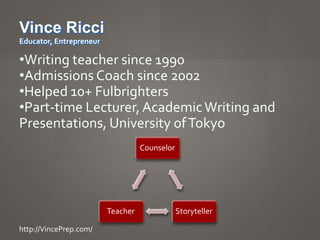Vince Ricci<br />Educator, Entrepreneur<br />http://VincePrep.com<br /><ul><li>Writing teacher since 1990</li></li></ul><li>