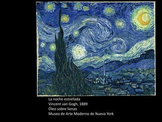 La noche estrellada
Vincent van Gogh, 1889
Óleo sobre lienzo
Museo de Arte Moderno de Nueva York

 