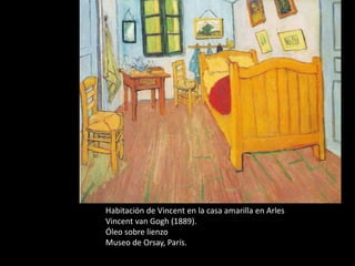 Habitación de Vincent en la casa amarilla en Arles
Vincent van Gogh (1889).
Óleo sobre lienzo
Museo de Orsay, París.

 