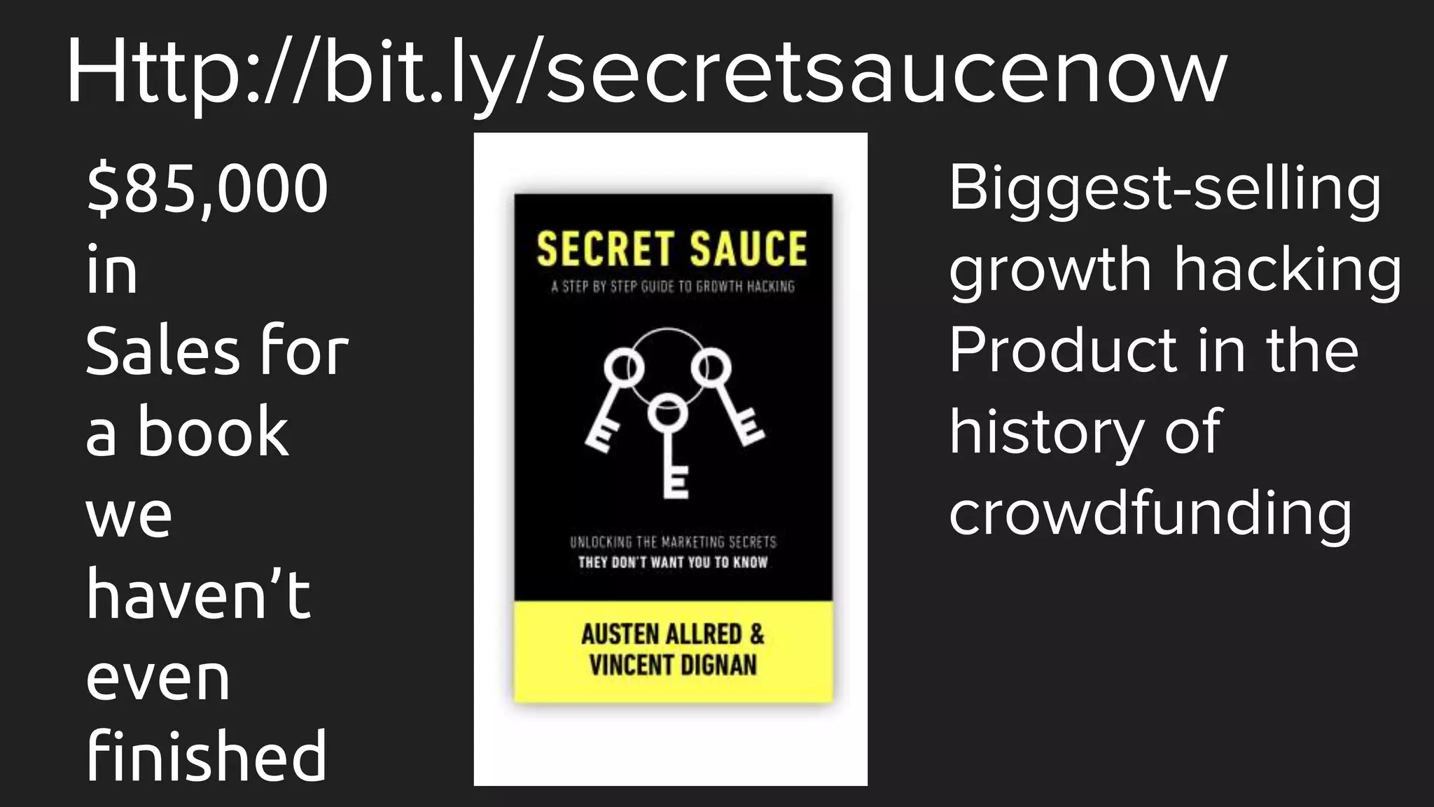 Http://bit.ly/secretsaucenow
Biggest-selling
growth hacking
Product in the
history of
crowdfunding
$85,000
in
Sales for
a book
we
haven’t
even
finished
 