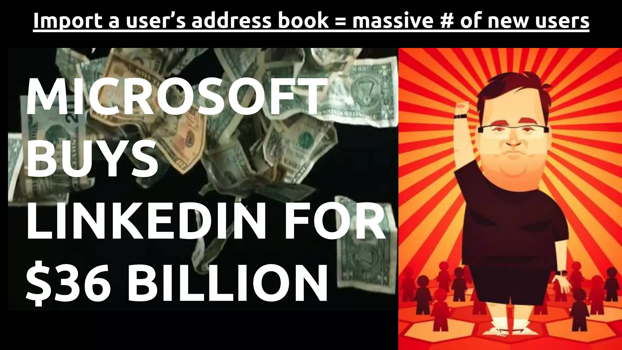 Import a user’s address book = massive # of new users
MICROSOFT
BUYS
LINKEDIN FOR
$36 BILLION
 