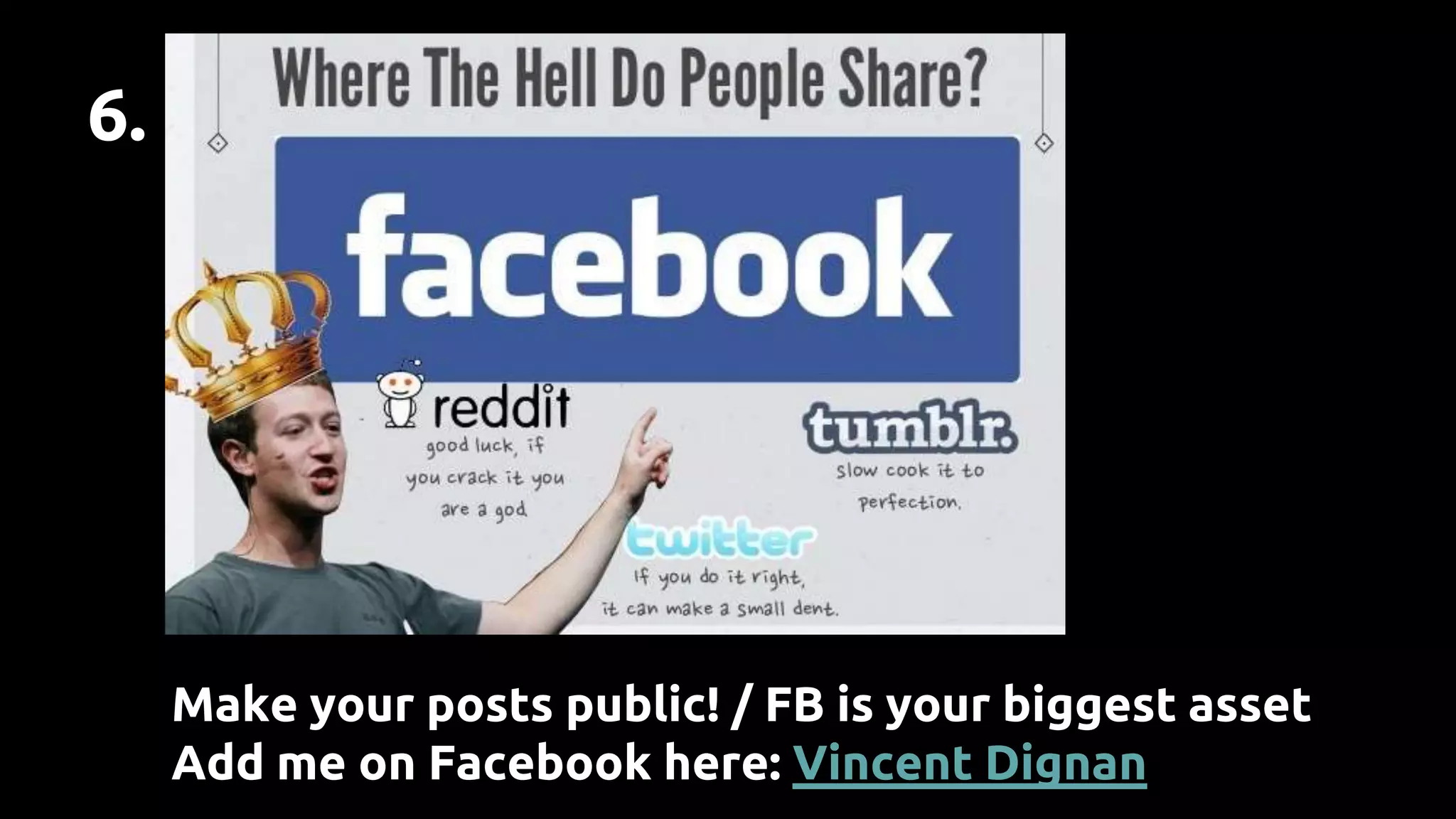 6.
Make your posts public! / FB is your biggest asset
Add me on Facebook here: Vincent Dignan
 