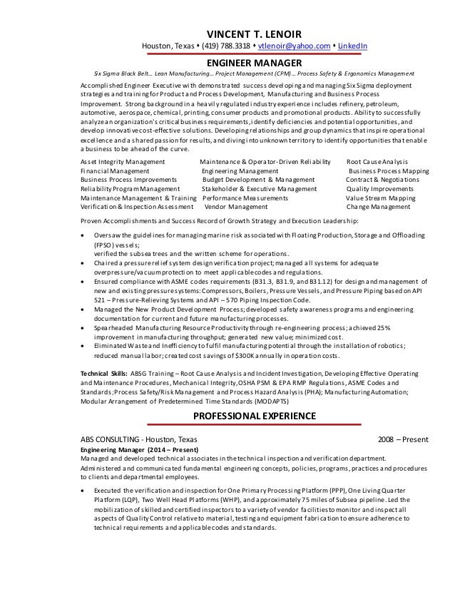 vincent lenoir engineering executive resume 2016 vincent t lenoir houston texas 419 7883318 vtlenoiryahoo