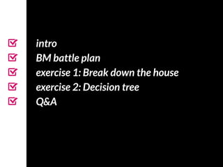 intro
BM battle plan
exercise 1: Break down the house
exercise 2: Decision tree
Q&A
 
