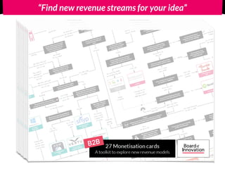Do you think your users could
feel uncomfortable if all their
friends know that they use
your product/service ?
Does your product/service
remember previous use of a
user? (eg. memory card)
Can the user receive a higher
status by using the product? 3. Barter
4. Freemium
6. Vanity/
Reputation
7. Loss/Aversion
9. Mystery/Surprises
5. Pay-what-you-
want
10. Convenience/
Shortcuts
11. Helping peers/
Gifts
12. Exclusivity/
Limited Availability
18. Flat rate
(one-time-fee)
13. Get one -
Give one
Do you want to offer a
product/service to people
that can't afford it?
Would users value the possibility to
share the product with their peers?
Would the status only be relevant
amongst the user base of your product?
Hmmm...
Making money on your product seems to be a tough one.
Get out of your comfort zone! It's innovate or die.
personal details in order to use
your product/service?
Is it your goal to have
direct revenue from this
product/service?
Do you generate user-data
relevant for others?
Are there any complementary
services/products to your offer
that your users expect?
Is the variabel cost per extra user
non-existent or negligible?
Can you think of features that only
part of your user base would pay for?
Does your product need a critical
amount of users to show it's value?Do your users have non monetary
resources the company (or other
users) normally would have to pay for?
Did you develop a feature/product
significantly more convenient than
the best alternative users have?
What about offering a
box without telling
what's inside?
#Awesome! You have some
options that your users
might be willing to pay for.
Do you want the user to own the
product once they pay?
Would you like proof of
interest from your users
before you launch?
Do you think the user might
have trouble paying the entire
Do your users want to
pay every time they use
your product/service?
We will launchYes!
Yes!
Will the user have the
exclusive right to use
this product?
Not
nessecarely!
Not really!
Yes!
ability to pay. I'm
just not sure if
everyone will pay!
In fact, yes!
Not at all, they already
use everything they have!
Exactly!
No!
My product is all
they need!
Yes!
It's not about
the money!
Of course!
Definitely!
Nope, no critical
mass needed!
That's why
we make
software!
Yes!
We do have some
extra costs...
Didn't I say I don't
want them to pay?
No!
Of course! How
can I let them
pay otherwise?
Not relevant
for my product!Obviously...
Not relevant!
They would be
devastated if
their user data
was lost!
Nope!
Absolutely!
No! Amongst everyone!
Yes, they
would love it!
No, it would
lower the
value!
No...
Hell yeah!
Not knowing
what's coming
is always kind
of exciting!
Sounds like
gambling!
F*ck off!
That's how
it works!
Nothing better
than the smell
of fresh money
in the morning...
Close...
but yet so far...
Do you want more than one
contact moment with your
user?
Not
necessary!
Yes, that would
be useful!
Seriously? We are
not living in the
Middle Ages anymore!
Charity?
No thanks!
Ever played Monopoly?
Go back to start!
High chance that you'll
find more reasons for
users to pay!
Don't forget
to check this
one as well!
teleported
yourself here!
Do you want to have an
integrated solution that seems
to be your own offering?
Yes,
Integrated
Solution
You won't
regret this!
High chance that you'll
find more reasons for
users to pay!
h in on your new idea?
What about these colours?
One Laptop Per Child
27 Monetisation cards
A toolkit to explore new revenue models
Do you think your users could
feel uncomfortable if all their
friends know that they use
your product/service ?
Does your product/service
remember previous use of a
user? (eg. memory card)
Can the user receive a higher
status by using the product? 3. Barter
4. Freemium
6. Vanity/
Reputation
7. Loss/Aversion
9. Mystery/Surprises
5. Pay-what-you-
want
10. Convenience/
Shortcuts
11. Helping peers/
Gifts
12. Exclusivity/
Limited Availability
18. Flat rate
(one-time-fee)
13. Get one -
Give one
Do you want to offer a
product/service to people
that can't afford it?
Would users value the possibility to
share the product with their peers?
Would the status only be relevant
amongst the user base of your product?
Hmmm...
Making money on your product seems to be a tough one.
Get out of your comfort zone! It's innovate or die.
personal details in order to use
your product/service?
Is it your goal to have
direct revenue from this
product/service?
Do you generate user-data
relevant for others?
Are there any complementary
services/products to your offer
that your users expect?
Is the variabel cost per extra user
non-existent or negligible?
Can you think of features that only
part of your user base would pay for?
Does your product need a critical
amount of users to show it's value?Do your users have non monetary
resources the company (or other
users) normally would have to pay for?
Did you develop a feature/product
significantly more convenient than
the best alternative users have?
What about offering a
box without telling
what's inside?
#Awesome! You have some
options that your users
might be willing to pay for.
Do you want the user to own the
product once they pay?
Would you like proof of
interest from your users
before you launch?
Do you think the user might
have trouble paying the entire
Do your users want to
pay every time they use
your product/service?
We will launchYes!
Yes!
Will the user have the
exclusive right to use
this product?
Not
nessecarely!
Not really!
Yes!
ability to pay. I'm
just not sure if
everyone will pay!
In fact, yes!
Not at all, they already
use everything they have!
Exactly!
No!
My product is all
they need!
Yes!
It's not about
the money!
Of course!
Definitely!
Nope, no critical
mass needed!
That's why
we make
software!
Yes!
We do have some
extra costs...
Didn't I say I don't
want them to pay?
No!
Of course! How
can I let them
pay otherwise?
Not relevant
for my product!Obviously...
Not relevant!
They would be
devastated if
their user data
was lost!
Nope!
Absolutely!
No! Amongst everyone!
Yes, they
would love it!
No, it would
lower the
value!
No...
Hell yeah!
Not knowing
what's coming
is always kind
of exciting!
Sounds like
gambling!
F*ck off!
That's how
it works!
Nothing better
than the smell
of fresh money
in the morning...
Close...
but yet so far...
Do you want more than one
contact moment with your
user?
Not
necessary!
Yes, that would
be useful!
Seriously? We are
not living in the
Middle Ages anymore!
Charity?
No thanks!
Ever played Monopoly?
Go back to start!
High chance that you'll
find more reasons for
users to pay!
Don't forget
to check this
one as well!
teleported
yourself here!
Do you want to have an
integrated solution that seems
to be your own offering?
Yes,
Integrated
Solution
You won't
regret this!
High chance that you'll
find more reasons for
users to pay!
h in on your new idea?
What about these colours?
One Laptop Per Child
27 Monetisation cards
A toolkit to explore new revenue models
Do you think your users could
feel uncomfortable if all their
friends know that they use
your product/service ?
Does your product/service
remember previous use of a
user? (eg. memory card)
Can the user receive a higher
status by using the product? 3. Barter
4. Freemium
6. Vanity/
Reputation
7. Loss/Aversion
9. Mystery/Surprises
5. Pay-what-you-
want
10. Convenience/
Shortcuts
11. Helping peers/
Gifts
12. Exclusivity/
Limited Availability
18. Flat rate
(one-time-fee)
13. Get one -
Give one
Do you want to offer a
product/service to people
that can't afford it?
Would users value the possibility to
share the product with their peers?
Would the status only be relevant
amongst the user base of your product?
Hmmm...
Making money on your product seems to be a tough one.
Get out of your comfort zone! It's innovate or die.
personal details in order to use
your product/service?
Is it your goal to have
direct revenue from this
product/service?
Do you generate user-data
relevant for others?
Are there any complementary
services/products to your offer
that your users expect?
Is the variabel cost per extra user
non-existent or negligible?
Can you think of features that only
part of your user base would pay for?
Does your product need a critical
amount of users to show it's value?Do your users have non monetary
resources the company (or other
users) normally would have to pay for?
Did you develop a feature/product
significantly more convenient than
the best alternative users have?
What about offering a
box without telling
what's inside?
#Awesome! You have some
options that your users
might be willing to pay for.
Do you want the user to own the
product once they pay?
Would you like proof of
interest from your users
before you launch?
Do you think the user might
have trouble paying the entire
Do your users want to
pay every time they use
your product/service?
We will launchYes!
Yes!
Will the user have the
exclusive right to use
this product?
Not
nessecarely!
Not really!
Yes!
ability to pay. I'm
just not sure if
everyone will pay!
In fact, yes!
Not at all, they already
use everything they have!
Exactly!
No!
My product is all
they need!
Yes!
It's not about
the money!
Of course!
Definitely!
Nope, no critical
mass needed!
That's why
we make
software!
Yes!
We do have some
extra costs...
Didn't I say I don't
want them to pay?
No!
Of course! How
can I let them
pay otherwise?
Not relevant
for my product!Obviously...
Not relevant!
They would be
devastated if
their user data
was lost!
Nope!
Absolutely!
No! Amongst everyone!
Yes, they
would love it!
No, it would
lower the
value!
No...
Hell yeah!
Not knowing
what's coming
is always kind
of exciting!
Sounds like
gambling!
F*ck off!
That's how
it works!
Nothing better
than the smell
of fresh money
in the morning...
Close...
but yet so far...
Do you want more than one
contact moment with your
user?
Not
necessary!
Yes, that would
be useful!
Seriously? We are
not living in the
Middle Ages anymore!
Charity?
No thanks!
Ever played Monopoly?
Go back to start!
High chance that you'll
find more reasons for
users to pay!
Don't forget
to check this
one as well!
teleported
yourself here!
Do you want to have an
integrated solution that seems
to be your own offering?
Yes,
Integrated
Solution
You won't
regret this!
High chance that you'll
find more reasons for
users to pay!
sh in on your new idea?
What about these colours?
One Laptop Per Child
27 Monetisation cards
A toolkit to explore new revenue models
Do you think your users could
feel uncomfortable if all their
friends know that they use
your product/service ?
Does your product/service
remember previous use of a
user? (eg. memory card)
Can the user receive a higher
status by using the product? 3. Barter
4. Freemium
6. Vanity/
Reputation
7. Loss/Aversion
9. Mystery/Surprises
5. Pay-what-you-
want
10. Convenience/
Shortcuts
11. Helping peers/
Gifts
12. Exclusivity/
Limited Availability
18. Flat rate
(one-time-fee)
13. Get one -
Give one
Do you want to offer a
product/service to people
that can't afford it?
Would users value the possibility to
share the product with their peers?
Would the status only be relevant
amongst the user base of your product?
Hmmm...
Making money on your product seems to be a tough one.
Get out of your comfort zone! It's innovate or die.
personal details in order to use
your product/service?
Is it your goal to have
direct revenue from this
product/service?
Do you generate user-data
relevant for others?
Are there any complementary
services/products to your offer
that your users expect?
Is the variabel cost per extra user
non-existent or negligible?
Can you think of features that only
part of your user base would pay for?
Does your product need a critical
amount of users to show it's value?Do your users have non monetary
resources the company (or other
users) normally would have to pay for?
Did you develop a feature/product
significantly more convenient than
the best alternative users have?
What about offering a
box without telling
what's inside?
#Awesome! You have some
options that your users
might be willing to pay for.
Do you want the user to own the
product once they pay?
Would you like proof of
interest from your users
before you launch?
Do you think the user might
have trouble paying the entire
Do your users want to
pay every time they use
your product/service?
We will launchYes!
Yes!
Will the user have the
exclusive right to use
this product?
Not
nessecarely!
Not really!
Yes!
ability to pay. I'm
just not sure if
everyone will pay!
In fact, yes!
Not at all, they already
use everything they have!
Exactly!
No!
My product is all
they need!
Yes!
It's not about
the money!
Of course!
Definitely!
Nope, no critical
mass needed!
That's why
we make
software!
Yes!
We do have some
extra costs...
Didn't I say I don't
want them to pay?
No!
Of course! How
can I let them
pay otherwise?
Not relevant
for my product!Obviously...
Not relevant!
They would be
devastated if
their user data
was lost!
Nope!
Absolutely!
No! Amongst everyone!
Yes, they
would love it!
No, it would
lower the
value!
No...
Hell yeah!
Not knowing
what's coming
is always kind
of exciting!
Sounds like
gambling!
F*ck off!
That's how
it works!
Nothing better
than the smell
of fresh money
in the morning...
Close...
but yet so far...
Do you want more than one
contact moment with your
user?
Not
necessary!
Yes, that would
be useful!
Seriously? We are
not living in the
Middle Ages anymore!
Charity?
No thanks!
Ever played Monopoly?
Go back to start!
High chance that you'll
find more reasons for
users to pay!
Don't forget
to check this
one as well!
teleported
yourself here!
Do you want to have an
integrated solution that seems
to be your own offering?
Yes,
Integrated
Solution
You won't
regret this!
High chance that you'll
find more reasons for
users to pay!
sh in on your new idea?
What about these colours?
One Laptop Per Child
27 Monetisation cards
A toolkit to explore new revenue models
“Find new revenue streams for your idea”
Do you think your users could
feel uncomfortable if all their
friends know that they use
your product/service ?
Does your product/service
remember previous use of a
user? (eg. memory card)
Can the user receive a higher
status by using the product? 3. Barter
4. Freemium
6. Vanity/
Reputation
7. Loss/Aversion
9. Mystery/Surprises
5. Pay-what-you-
want
10. Convenience/
Shortcuts
11. Helping peers/
Gifts
12. Exclusivity/
Limited Availability
18. Flat rate
(one-time-fee)
13. Get one -
Give one
Do you want to offer a
product/service to people
that can't afford it?
Would users value the possibility to
share the product with their peers?
Would the status only be relevant
amongst the user base of your product?
Hmmm...
Making money on your product seems to be a tough one.
Get out of your comfort zone! It's innovate or die.
personal details in order to use
your product/service?
Is it your goal to have
direct revenue from this
product/service?
Do you generate user-data
relevant for others?
Are there any complementary
services/products to your offer
that your users expect?
Is the variabel cost per extra user
non-existent or negligible?
Can you think of features that only
part of your user base would pay for?
Does your product need a critical
amount of users to show it's value?Do your users have non monetary
resources the company (or other
users) normally would have to pay for?
Did you develop a feature/product
significantly more convenient than
the best alternative users have?
What about offering a
box without telling
what's inside?
#Awesome! You have some
options that your users
might be willing to pay for.
Do you want the user to own the
product once they pay?
Would you like proof of
interest from your users
before you launch?
Do you think the user might
have trouble paying the entire
Do your users want to
pay every time they use
your product/service?
We will launchYes!
Yes!
Will the user have the
exclusive right to use
this product?
Not
nessecarely!
Not really!
Yes!
ability to pay. I'm
just not sure if
everyone will pay!
In fact, yes!
Not at all, they already
use everything they have!
Exactly!
No!
My product is all
they need!
Yes!
It's not about
the money!
Of course!
Definitely!
Nope, no critical
mass needed!
That's why
we make
software!
Yes!
We do have some
extra costs...
Didn't I say I don't
want them to pay?
No!
Of course! How
can I let them
pay otherwise?
Not relevant
for my product!Obviously...
Not relevant!
They would be
devastated if
their user data
was lost!
Nope!
Absolutely!
No! Amongst everyone!
Yes, they
would love it!
No, it would
lower the
value!
No...
Hell yeah!
Not knowing
what's coming
is always kind
of exciting!
Sounds like
gambling!
F*ck off!
That's how
it works!
Nothing better
than the smell
of fresh money
in the morning...
Close...
but yet so far...
Do you want more than one
contact moment with your
user?
Not
necessary!
Yes, that would
be useful!
Seriously? We are
not living in the
Middle Ages anymore!
Charity?
No thanks!
Ever played Monopoly?
Go back to start!
High chance that you'll
find more reasons for
users to pay!
Don't forget
to check this
one as well!
teleported
yourself here!
Do you want to have an
integrated solution that seems
to be your own offering?
Yes,
Integrated
Solution
You won't
regret this!
High chance that you'll
find more reasons for
users to pay!
ash in on your new idea?
What about these colours?
One Laptop Per Child
27 Monetisation cards
A toolkit to explore new revenue models
Do you think your users could
feel uncomfortable if all their
friends know that they use
your product/service ?
Does your product/service
remember previous use of a
user? (eg. memory card)
Can the user receive a higher
status by using the product? 3. Barter
4. Freemium
6. Vanity/
Reputation
7. Loss/Aversion
9. Mystery/Surprises
5. Pay-what-you-
want
10. Convenience/
Shortcuts
11. Helping peers/
Gifts
12. Exclusivity/
Limited Availability
18. Flat rate
(one-time-fee)
13. Get one -
Give one
Do you want to offer a
product/service to people
that can't afford it?
Would users value the possibility to
share the product with their peers?
Would the status only be relevant
amongst the user base of your product?
Hmmm...
Making money on your product seems to be a tough one.
Get out of your comfort zone! It's innovate or die.
personal details in order to use
your product/service?
Is it your goal to have
direct revenue from this
product/service?
Do you generate user-data
relevant for others?
Are there any complementary
services/products to your offer
that your users expect?
Is the variabel cost per extra user
non-existent or negligible?
Can you think of features that only
part of your user base would pay for?
Does your product need a critical
amount of users to show it's value?Do your users have non monetary
resources the company (or other
users) normally would have to pay for?
Did you develop a feature/product
significantly more convenient than
the best alternative users have?
What about offering a
box without telling
what's inside?
#Awesome! You have some
options that your users
might be willing to pay for.
Do you want the user to own the
product once they pay?
Would you like proof of
interest from your users
before you launch?
Do you think the user might
have trouble paying the entire
Do your users want to
pay every time they use
your product/service?
We will launchYes!
Yes!
Will the user have the
exclusive right to use
this product?
Not
nessecarely!
Not really!
Yes!
ability to pay. I'm
just not sure if
everyone will pay!
In fact, yes!
Not at all, they already
use everything they have!
Exactly!
No!
My product is all
they need!
Yes!
It's not about
the money!
Of course!
Definitely!
Nope, no critical
mass needed!
That's why
we make
software!
Yes!
We do have some
extra costs...
Didn't I say I don't
want them to pay?
No!
Of course! How
can I let them
pay otherwise?
Not relevant
for my product!Obviously...
Not relevant!
They would be
devastated if
their user data
was lost!
Nope!
Absolutely!
No! Amongst everyone!
Yes, they
would love it!
No, it would
lower the
value!
No...
Hell yeah!
Not knowing
what's coming
is always kind
of exciting!
Sounds like
gambling!
F*ck off!
That's how
it works!
Nothing better
than the smell
of fresh money
in the morning...
Close...
but yet so far...
Do you want more than one
contact moment with your
user?
Not
necessary!
Yes, that would
be useful!
Seriously? We are
not living in the
Middle Ages anymore!
Charity?
No thanks!
Ever played Monopoly?
Go back to start!
High chance that you'll
find more reasons for
users to pay!
Don't forget
to check this
one as well!
teleported
yourself here!
Do you want to have an
integrated solution that seems
to be your own offering?
Yes,
Integrated
Solution
You won't
regret this!
High chance that you'll
find more reasons for
users to pay!
ash in on your new idea?
hat about these colours?
One Laptop Per Child
27 Monetisation cards
A toolkit to explore new revenue models
Do you think your users could
feel uncomfortable if all their
friends know that they use
your product/service ?
Does your product/service
remember previous use of a
user? (eg. memory card)
Can the user receive a higher
status by using the product? 3. Barter
4. Freemium
6. Vanity/
Reputation
7. Loss/Aversion
9. Mystery/Surprises
5. Pay-what-you-
want
10. Convenience/
Shortcuts
11. Helping peers/
Gifts
12. Exclusivity/
Limited Availability
18. Flat rate
(one-time-fee)
13. Get one -
Give one
Do you want to offer a
product/service to people
that can't afford it?
Would users value the possibility to
share the product with their peers?
Would the status only be relevant
amongst the user base of your product?
Hmmm...
Making money on your product seems to be a tough one.
Get out of your comfort zone! It's innovate or die.
personal details in order to use
your product/service?
Is it your goal to have
direct revenue from this
product/service?
Do you generate user-data
relevant for others?
Are there any complementary
services/products to your offer
that your users expect?
Is the variabel cost per extra user
non-existent or negligible?
Can you think of features that only
part of your user base would pay for?
Does your product need a critical
amount of users to show it's value?Do your users have non monetary
resources the company (or other
users) normally would have to pay for?
Did you develop a feature/product
significantly more convenient than
the best alternative users have?
What about offering a
box without telling
what's inside?
#Awesome! You have some
options that your users
might be willing to pay for.
Do you want the user to own the
product once they pay?
Would you like proof of
interest from your users
before you launch?
Do you think the user might
have trouble paying the entire
Do your users want to
pay every time they use
your product/service?
We will launchYes!
Yes!
Will the user have the
exclusive right to use
this product?
Not
nessecarely!
Not really!
Yes!
ability to pay. I'm
just not sure if
everyone will pay!
In fact, yes!
Not at all, they already
use everything they have!
Exactly!
No!
My product is all
they need!
Yes!
It's not about
the money!
Of course!
Definitely!
Nope, no critical
mass needed!
That's why
we make
software!
Yes!
We do have some
extra costs...
Didn't I say I don't
want them to pay?
No!
Of course! How
can I let them
pay otherwise?
Not relevant
for my product!Obviously...
Not relevant!
They would be
devastated if
their user data
was lost!
Nope!
Absolutely!
No! Amongst everyone!
Yes, they
would love it!
No, it would
lower the
value!
No...
Hell yeah!
Not knowing
what's coming
is always kind
of exciting!
Sounds like
gambling!
F*ck off!
That's how
it works!
Nothing better
than the smell
of fresh money
in the morning...
Close...
but yet so far...
Do you want more than one
contact moment with your
user?
Not
necessary!
Yes, that would
be useful!
Seriously? We are
not living in the
Middle Ages anymore!
Charity?
No thanks!
Ever played Monopoly?
Go back to start!
High chance that you'll
find more reasons for
users to pay!
Don't forget
to check this
one as well!
teleported
yourself here!
Do you want to have an
integrated solution that seems
to be your own offering?
Yes,
Integrated
Solution
You won't
regret this!
High chance that you'll
find more reasons for
users to pay!
ash in on your new idea?
t about these colours?
One Laptop Per Child
27 Monetisation cards
A toolkit to explore new revenue models
Do you think your users could
feel uncomfortable if all their
friends know that they use
your product/service ?
Does your product/service
remember previous use of a
user? (eg. memory card)
Can the user receive a higher
status by using the product? 3. Barter
4. Freemium
6. Vanity/
Reputation
7. Loss/Aversion
9. Mystery/Surprises
5. Pay-what-you-
want
10. Convenience/
Shortcuts
11. Helping peers/
Gifts
12. Exclusivity/
Limited Availability
18. Flat rate
(one-time-fee)
13. Get one -
Give one
Do you want to offer a
product/service to people
that can't afford it?
Would users value the possibility to
share the product with their peers?
Would the status only be relevant
amongst the user base of your product?
Hmmm...
Making money on your product seems to be a tough one.
Get out of your comfort zone! It's innovate or die.
personal details in order to use
your product/service?
Is it your goal to have
direct revenue from this
product/service?
Do you generate user-data
relevant for others?
Are there any complementary
services/products to your offer
that your users expect?
Is the variabel cost per extra user
non-existent or negligible?
Can you think of features that only
part of your user base would pay for?
Does your product need a critical
amount of users to show it's value?Do your users have non monetary
resources the company (or other
users) normally would have to pay for?
Did you develop a feature/product
significantly more convenient than
the best alternative users have?
What about offering a
box without telling
what's inside?
#Awesome! You have some
options that your users
might be willing to pay for.
Do you want the user to own the
product once they pay?
Would you like proof of
interest from your users
before you launch?
Do you think the user might
have trouble paying the entire
Do your users want to
pay every time they use
your product/service?
We will launchYes!
Yes!
Will the user have the
exclusive right to use
this product?
Not
nessecarely!
Not really!
Yes!
ability to pay. I'm
just not sure if
everyone will pay!
In fact, yes!
Not at all, they already
use everything they have!
Exactly!
No!
My product is all
they need!
Yes!
It's not about
the money!
Of course!
Definitely!
Nope, no critical
mass needed!
That's why
we make
software!
Yes!
We do have some
extra costs...
Didn't I say I don't
want them to pay?
No!
Of course! How
can I let them
pay otherwise?
Not relevant
for my product!Obviously...
Not relevant!
They would be
devastated if
their user data
was lost!
Nope!
Absolutely!
No! Amongst everyone!
Yes, they
would love it!
No, it would
lower the
value!
No...
Hell yeah!
Not knowing
what's coming
is always kind
of exciting!
Sounds like
gambling!
F*ck off!
That's how
it works!
Nothing better
than the smell
of fresh money
in the morning...
Close...
but yet so far...
Do you want more than one
contact moment with your
user?
Not
necessary!
Yes, that would
be useful!
Seriously? We are
not living in the
Middle Ages anymore!
Charity?
No thanks!
Ever played Monopoly?
Go back to start!
High chance that you'll
find more reasons for
users to pay!
Don't forget
to check this
one as well!
teleported
yourself here!
Do you want to have an
integrated solution that seems
to be your own offering?
Yes,
Integrated
Solution
You won't
regret this!
High chance that you'll
find more reasons for
users to pay!
cash in on your new idea?
about these colours?
One Laptop Per Child
27 Monetisation cards
A toolkit to explore new revenue models
Do you think your users could
feel uncomfortable if all their
friends know that they use
your product/service ?
Does your product/service
remember previous use of a
user? (eg. memory card)
Can the user receive a higher
status by using the product? 3. Barter
4. Freemium
6. Vanity/
Reputation
7. Loss/Aversion
9. Mystery/Surprises
5. Pay-what-you-
want
10. Convenience/
Shortcuts
11. Helping peers/
Gifts
12. Exclusivity/
Limited Availability
18. Flat rate
(one-time-fee)
13. Get one -
Give one
Do you want to offer a
product/service to people
that can't afford it?
Would users value the possibility to
share the product with their peers?
Would the status only be relevant
amongst the user base of your product?
Hmmm...
Making money on your product seems to be a tough one.
Get out of your comfort zone! It's innovate or die.
personal details in order to use
your product/service?
Is it your goal to have
direct revenue from this
product/service?
Do you generate user-data
relevant for others?
Are there any complementary
services/products to your offer
that your users expect?
Is the variabel cost per extra user
non-existent or negligible?
Can you think of features that only
part of your user base would pay for?
Does your product need a critical
amount of users to show it's value?Do your users have non monetary
resources the company (or other
users) normally would have to pay for?
Did you develop a feature/product
significantly more convenient than
the best alternative users have?
What about offering a
box without telling
what's inside?
#Awesome! You have some
options that your users
might be willing to pay for.
Do you want the user to own the
product once they pay?
Would you like proof of
interest from your users
before you launch?
Do you think the user might
have trouble paying the entir
Do your users want to
pay every time they use
your product/service?
We will launchYes!
Yes!
Will the user have the
exclusive right to use
this product?
Not
nessecarely!
Not really!
Yes!
ability to pay. I'm
just not sure if
everyone will pay!
In fact, yes!
Not at all, they already
use everything they have!
Exactly!
No!
My product is all
they need!
Yes!
It's not about
the money!
Of course!
Definitely!
Nope, no critical
mass needed!
That's why
we make
software!
Yes!
We do have some
extra costs...
Didn't I say I don't
want them to pay?
No!
Of course! How
can I let them
pay otherwise?
Not relevant
for my product!Obviously...
Not relevant!
They would be
devastated if
their user data
was lost!
Nope!
Absolutely!
No! Amongst everyone!
Yes, they
would love it!
No, it would
lower the
value!
No...
Hell yeah!
Not knowing
what's coming
is always kind
of exciting!
Sounds like
gambling!
F*ck off!
That's how
it works!
Nothing better
than the smell
of fresh money
in the morning...
Close...
but yet so far...
Do you want more than one
contact moment with your
user?
Not
necessary!
Yes, that would
be useful!
Seriously? We are
not living in the
Middle Ages anymore!
Charity?
No thanks!
Ever played Monopoly?
Go back to start!
High chance that you'll
find more reasons for
users to pay!
Don't forget
to check this
one as well!
teleported
yourself here!
Do you want to have an
integrated solution that seems
to be your own offering?
Yes,
Integrated
Solution
You won't
regret this!
High chance that you'll
find more reasons for
users to pay!
cash in on your new idea?
about these colours?
One Laptop Per Child
27 Monetisation cards
A toolkit to explore new revenue models
Do you think your users could
feel uncomfortable if all their
friends know that they use
your product/service ?
Does your product/service
remember previous use of a
user? (eg. memory card)
Can the user receive a higher
status by using the product? 3. Barter
4. Freemium
6. Vanity/
Reputation
7. Loss/Aversion
9. Mystery/Surprises
5. Pay-what-you-
want
10. Convenience/
Shortcuts
11. Helping peers/
Gifts
12. Exclusivity/
Limited Availability
18. Flat rate
(one-time-fee)
13. Get one -
Give one
Do you want to offer a
product/service to people
that can't afford it?
Would users value the possibility to
share the product with their peers?
Would the status only be relevant
amongst the user base of your product?
Hmmm...
Making money on your product seems to be a tough one.
Get out of your comfort zone! It's innovate or die.
personal details in order to use
your product/service?
Is it your goal to have
direct revenue from this
product/service?
Do you generate user-data
relevant for others?
Are there any complementary
services/products to your offer
that your users expect?
Is the variabel cost per extra user
non-existent or negligible?
Can you think of features that only
part of your user base would pay for?
Does your product need a critical
amount of users to show it's value?Do your users have non monetary
resources the company (or other
users) normally would have to pay for?
Did you develop a feature/product
significantly more convenient than
the best alternative users have?
What about offering a
box without telling
what's inside?
#Awesome! You have some
options that your users
might be willing to pay for.
Do you want the user to own the
product once they pay?
Would you like proof of
interest from your users
before you launch?
Do you think the user migh
have trouble paying the ent
Do your users want to
pay every time they use
your product/service?
We will launchYes!
Yes!
Will the user have the
exclusive right to use
this product?
Not
nessecarely!
Not really!
Yes!
ability to pay. I'm
just not sure if
everyone will pay!
In fact, yes!
Not at all, they already
use everything they have!
Exactly!
No!
My product is all
they need!
Yes!
It's not about
the money!
Of course!
Definitely!
Nope, no critical
mass needed!
That's why
we make
software!
Yes!
We do have some
extra costs...
Didn't I say I don't
want them to pay?
No!
Of course! How
can I let them
pay otherwise?
Not relevant
for my product!Obviously...
Not relevant!
They would be
devastated if
their user data
was lost!
Nope!
Absolutely!
No! Amongst everyone!
Yes, they
would love it!
No, it would
lower the
value!
No...
Hell yeah!
Not knowing
what's coming
is always kind
of exciting!
Sounds like
gambling!
F*ck off!
That's how
it works!
Nothing better
than the smell
of fresh money
in the morning...
Close...
but yet so far...
Do you want more than one
contact moment with your
user?
Not
necessary!
Yes, that would
be useful!
Seriously? We are
not living in the
Middle Ages anymore!
Charity?
No thanks!
Ever played Monopoly?
Go back to start!
High chance that you'll
find more reasons for
users to pay!
Don't forget
to check this
one as well!
teleported
yourself here!
Do you want to have an
integrated solution that seems
to be your own offering?
Yes,
Integrated
Solution
You won't
regret this!
High chance that you'll
find more reasons for
users to pay!
cash in on your new idea?
bout these colours?
One Laptop Per Child
27 Monetisation cards
A toolkit to explore new revenue models
Do you think your users could
feel uncomfortable if all their
friends know that they use
your product/service ?
Does your product/service
remember previous use of a
user? (eg. memory card)
Can the user receive a higher
status by using the product? 3. Barter
4. Freemium
6. Vanity/
Reputation
7. Loss/Aversion
9. Mystery/Surprises
5. Pay-what-you-
want
10. Convenience/
Shortcuts
11. Helping peers/
Gifts
12. Exclusivity/
Limited Availability
18. Flat rate
(one-time-fee)
13. Get one -
Give one
Do you want to offer a
product/service to people
that can't afford it?
Would users value the possibility to
share the product with their peers?
Would the status only be relevant
amongst the user base of your product?
Hmmm...
Making money on your product seems to be a tough one.
Get out of your comfort zone! It's innovate or die.
personal details in order to use
your product/service?
Is it your goal to have
direct revenue from this
product/service?
Do you generate user-data
relevant for others?
Are there any complementary
services/products to your offer
that your users expect?
Is the variabel cost per extra user
non-existent or negligible?
Can you think of features that only
part of your user base would pay for?
Does your product need a critical
amount of users to show it's value?Do your users have non monetary
resources the company (or other
users) normally would have to pay for?
Did you develop a feature/product
significantly more convenient than
the best alternative users have?
What about offering a
box without telling
what's inside?
#Awesome! You have some
options that your users
might be willing to pay for.
Do you want the user to own the
product once they pay?
Would you like proof of
interest from your users
before you launch?
Do you think the user mi
have trouble paying the e
Do your users want to
pay every time they use
your product/service?
We will launchYes!
Yes!
Will the user have the
exclusive right to use
this product?
Not
nessecarely!
Not really!
Yes!
ability to pay. I'm
just not sure if
everyone will pay!
In fact, yes!
Not at all, they already
use everything they have!
Exactly!
No!
My product is all
they need!
Yes!
It's not about
the money!
Of course!
Definitely!
Nope, no critical
mass needed!
That's why
we make
software!
Yes!
We do have some
extra costs...
Didn't I say I don't
want them to pay?
No!
Of course! How
can I let them
pay otherwise?
Not relevant
for my product!Obviously...
Not relevant!
They would be
devastated if
their user data
was lost!
Nope!
Absolutely!
No! Amongst everyone!
Yes, they
would love it!
No, it would
lower the
value!
No...
Hell yeah!
Not knowing
what's coming
is always kind
of exciting!
Sounds like
gambling!
F*ck off!
That's how
it works!
Nothing better
than the smell
of fresh money
in the morning...
Close...
but yet so far...
Do you want more than one
contact moment with your
user?
Not
necessary!
Yes, that would
be useful!
Seriously? We are
not living in the
Middle Ages anymore!
Charity?
No thanks!
Ever played Monopoly?
Go back to start!
High chance that you'll
find more reasons for
users to pay!
Don't forget
to check this
one as well!
teleported
yourself here!
Do you want to have an
integrated solution that seems
to be your own offering?
Yes,
Integrated
Solution
You won't
regret this!
High chance that you'll
find more reasons for
users to pay!
cash in on your new idea?
ut these colours?
One Laptop Per Child
27 Monetisation cards
A toolkit to explore new revenue models
 