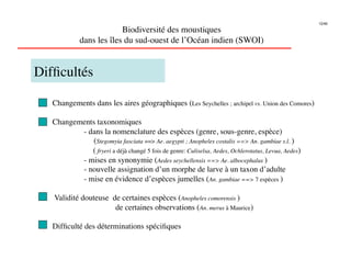 12/46

                          Biodiversité des moustiques
             dans les îles du sud-ouest de l’Océan indien (SWOI)
                                                               


Difﬁcultés

   Changements dans les aires géographiques (Les Seychelles ; archipel vs. Union des Comores) 

   Changements taxonomiques
          
- dans la nomenclature des espèces (genre, sous-genre, espèce)
          
 (Stegomyia fasciata == Ae. aegypti ; Anopheles costalis == An. gambiae s.l. )
          
 ( fryeri a déjà changé 5 fois de genre: Culiselsa, Aedes, Ochlerotatus, Levua, Aedes)
          
- mises en synonymie (Aedes seychellensis == Ae. albocephalus )
          
- nouvelle assignation d’un morphe de larve à un taxon d’adulte
          
- mise en évidence d’espèces jumelles (An. gambiae == 7 espèces )

   Validité douteuse de certaines espèces (Anopheles comorensis )
            
        
de certaines observations (An. merus à Maurice)

   Difﬁculté des déterminations spéciﬁques
 
