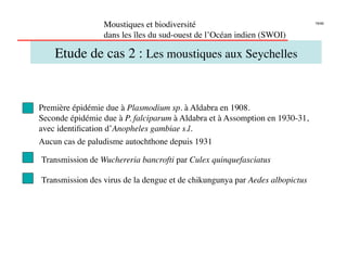 Moustiques et biodiversité                                  19/46


                 dans les îles du sud-ouest de l’Océan indien (SWOI)

    Etude de cas 2 : Les moustiques aux Seychelles


Première épidémie due à Plasmodium sp. à Aldabra en 1908.
Seconde épidémie due à P. falciparum à Aldabra et à Assomption en 1930-31,
avec identiﬁcation d’Anopheles gambiae s.l.
Aucun cas de paludisme autochthone depuis 1931

Transmission de Wuchereria bancrofti par Culex quinquefasciatus

Transmission des virus de la dengue et de chikungunya par Aedes albopictus
 