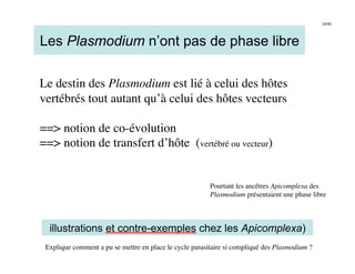 33/46




Les Plasmodium n’ont pas de phase libre

Le destin des Plasmodium est lié à celui des hôtes
vertébrés tout autant qu’à celui des hôtes vecteurs 

== notion de co-évolution 
== notion de transfert d’hôte (vertébré ou vecteur)


                                                         Pourtant les ancêtres Apicomplexa des
                                                         Plasmodium présentaient une phase libre 



  illustrations et contre-exemples chez les Apicomplexa)
 Explique comment a pu se mettre en place le cycle parasitaire si compliqué des Plasmodium ?
 