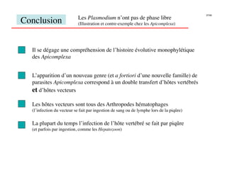 37/46
                            Les Plasmodium n’ont pas de phase libre
Conclusion
                 (Illustration et contre-exemple chez les Apicomplexa)




  Il se dégage une compréhension de l’histoire évolutive monophylétique
  des Apicomplexa


  L’apparition d’un nouveau genre (et a fortiori d’une nouvelle famille) de
  parasites Apicomplexa correspond à un double transfert d’hôtes vertébrés
  et d’hôtes vecteurs

  Les hôtes vecteurs sont tous des Arthropodes hématophages
  (l’infection du vecteur se fait par ingestion de sang ou de lymphe lors de la piqûre)

  La plupart du temps l’infection de l’hôte vertébré se fait par piqûre
  (et parfois par ingestion, comme les Hepatozoon)
 
