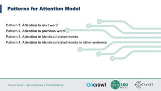 Vincent Terrasi | @vincentterrasi | #TechSEOBoost
Patterns for Attention Model
Pattern 1: Attention to next word
Pattern 2: Attention to previous word
Pattern 3: Attention to identical/related words
Pattern 4: Attention to identical/related words in other sentence
 