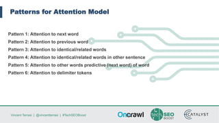 Vincent Terrasi | @vincentterrasi | #TechSEOBoost
Patterns for Attention Model
Pattern 1: Attention to next word
Pattern 2: Attention to previous word
Pattern 3: Attention to identical/related words
Pattern 4: Attention to identical/related words in other sentence
Pattern 5: Attention to other words predictive (next word) of word
Pattern 6: Attention to delimiter tokens
 