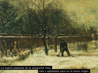 La espina plateada de la sangrante rosa, rota y aplastada  yace  en la nieve virgen. 