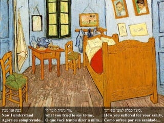 כעת אני מבין Now I understand  Agora eu compreendo... מה ניסית לומר לי , what you tried to say to me, O que você tentou dizer a mim... כיצד סבלת למען שפיותך , How you suffered for your sanity, Como sofreu por sua sanidade... 
