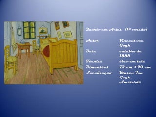Quarto em Arles (1ª versão)
Autor
Data
Técnica
Dimensões
Localização

Vincent van
Gogh
outubro de
1888
óleo em tela
72 cm × 90 cm
Museu Van
Gogh,
Amsterdã

 