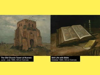 The Old Church Tower at Nuenen
June - July 1885, Oil on Canvas

Still Life with Bible
October 1885, Oil on Canvas

 