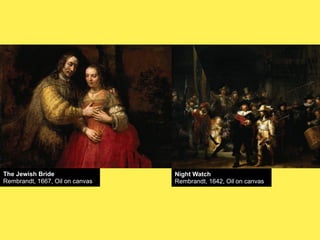 The Jewish Bride
Rembrandt, 1667, Oil on canvas

Night Watch
Rembrandt, 1642, Oil on canvas

 