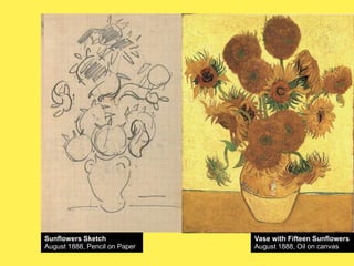 Sunflowers Sketch
August 1888, Pencil on Paper

Vase with Fifteen Sunflowers
August 1888, Oil on canvas

 