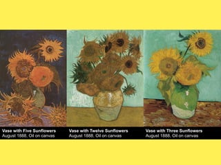 Vase with Five Sunflowers
August 1888, Oil on canvas

Vase with Twelve Sunflowers
August 1888, Oil on canvas

Vase with Three Sunflowers
August 1888, Oil on canvas

 