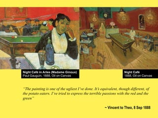 Night Café in Arles (Madame Ginoux)
Paul Gauguin, 1888, Oil on Canvas

Night Café
1888, Oil on Canvas

“The painting is one of the ugliest I’ve done. It’s equivalent, though different, of
the potato eaters. I’ve tried to express the terrible passions with the red and the
green”
~ Vincent to Theo, 8 Sep 1888

 