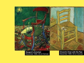 Gauguin’s Armchair
December 1888, Oil on Canvas

Vincent’s Chair with His Pipe
December 1888, Oil on Canvas

 