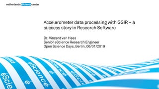 Dr. Vincent van Hees
Senior eScience Research Engineer
Open Science Days, Berlin, 06/01/2019
Accelerometer data processing with GGIR – a
success story in Research Software
 