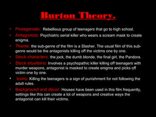 • Protagonists: Rebellious group of teenagers that go to high school.
• Antagonists: Psychiatric serial killer who wears a scream mask to create
enigma.
• Theme: the sub-genre of the film is a Slasher. The usual film of this sub-
genre would be the antagonists killing off the victims one by one.
• Stock characters: the jock, the dumb blonde, the final girl, the Pandora.
• Stock situations: Involves a psychopathic killer killing off teenagers with
murder weapons, antagonist is masked to create enigma and picks off
victim one by one.
• Icons: Killing the teenagers is a sign of punishment for not following the
adult rules.
• Background and décor: Houses have been used in this film frequently,
settings like this can create a lot of weapons and creative ways the
antagonist can kill their victims.
Burton Theory.
 