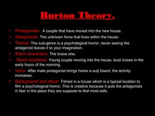 • Protagonists: A couple that have moved into the new house.
• Antagonists: The unknown force that lives within the house.
• Theme: The sub-genre is a psychological horror, never seeing the
antagonist leaves it to your imagination.
• Stock characters: The brave one.
• Stock situations: Young couple moving into the house, loud noises in the
early hours of the morning.
• Icons: After male protagonist brings home a ouiji board, the activity
increases.
• Background and décor: Filmed in a house which is a typical location to
film a psychological horror. This is creative because it puts the antagonists
in fear in the place they are suppose to feel most safe.
Burton Theory.
 