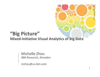 1
“Big Picture”
Mixed-Initiative Visual Analytics of Big Data
Michelle Zhou
IBM Research, Almaden
mzhou@us.ibm.com
http://blog.threestory.com/
 