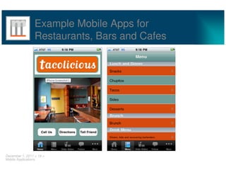 Example Mobile Apps for
                 Restaurants, Bars and Cafes




December 1, 2011 < 19 >
Mobile Applications
 