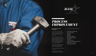 OUR SERVICES INCLUDE:
Design build and engineering
Process automation
Fabrication
Millwright
Equipment installation
Heavy equipment rigging
Demolition
Custom-built parts
Contract and preventative maintenance
Precision laser-cut services
AutoCAD and Solidworks
PROCESS MADE
PERFECT
Your process is what sets you
apart—it all comes down to how
you make what you make. The
better the process, the better
the product.
Our process investment center
is EIS, the member of the Vincit
Group that combines raw American
millwright skills with a unique
knack for spotting opportunities
in your process, allowing you to
invest small and gain big.
Many of QSI and Zee Company’s
clients look to EIS for special
insight and ask the question:
“What can we do today to improve
our process?”
The answers are sometimes
surprisingly simple and profitable.
MEMBER OF THE VINCIT GROUP
SM
PROCESS
IMPROVEMENT
15
 