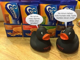 No nyt on
masu täynnä.
Mitäs sitten
tehdään?
No minun mahani
kyllä murisee vielä. Tuolla
näyttäisi olevan chiliä!
 