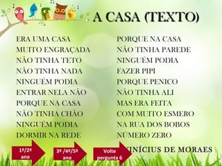A CASA (TEXTO)A CASA (TEXTO)
ERA UMA CASA
MUITO ENGRAÇADA
NÃO TINHA TETO
NÃO TINHA NADA
NINGUÉM PODIA
ENTRAR NELA NÃO
PORQUE NA CASA
NÃO TINHA CHÃO
NINGUÉM PODIA
DORMIR NA REDE
PORQUE NA CASA
NÃO TINHA PAREDE
NINGUÉM PODIA
FAZER PIPI
PORQUE PENICO
NÃO TINHA ALI
MAS ERA FEITA
COM MUITO ESMERO
NA RUA DOS BOBOS
NÚMERO ZERO
VINÍCIUS DE MORAES1º/2º
ano
3º /4º/5º
ano
Volte
pergunta 6
 