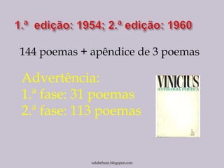 144 poemas + apêndice de 3 poemas
Advertência:
1.ª fase: 31 poemas
2.ª fase: 113 poemas
rafabebum.blogspot.com
 