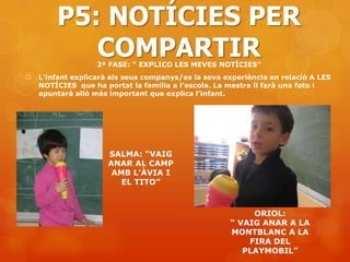 P5: NOTÍCIES PER
           COMPARTIR
                   2ª FASE: “ EXPLICO LES MEVES NOTÍCIES”
   L’infant explicarà als seus companys/es la seva experiència en relació A LES
    NOTÍCIES que ha portat la família a l’escola. La mestra li farà una foto i
    apuntarà allò més important que explica l’infant.




                      SALMA: “VAIG
                      ANAR AL CAMP
                       AMB L’ÀVIA I
                         EL TITO”



                                                          ORIOL:
                                                     “ VAIG ANAR A LA
                                                     MONTBLANC A LA
                                                         FIRA DEL
                                                        PLAYMOBIL”
 