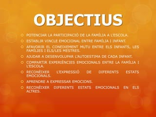 OBJECTIUS
 POTENCIAR LA PARTICIPACIÓ DE LA FAMÍLIA A L’ESCOLA.
 ESTABLIR VINCLE EMOCIONAL ENTRE FAMÍLIA I INFANT.
 AFAVORIR EL CONEIXEMENT MUTU ENTRE ELS INFANTS, LES
  FAMÍLIES I ELS/LES MESTRES.
 AJUDAR A DESENVOLUPAR L’AUTOESTIMA DE CADA INFANT.
 COMPARTIR EXPERIÈNCIES EMOCIONALS ENTRE LA FAMÍLIA I
  L’ESCOLA.
 RECONÈIXER     L’EXPRESSIÓ    DE    DIFERENTS    ESTATS
  EMOCIONALS.
 APRENDRE A EXPRESSAR EMOCIONS.
 RECONÈIXER    DIFERENTS   ESTATS   EMOCIONALS   EN    ELS
  ALTRES.
 