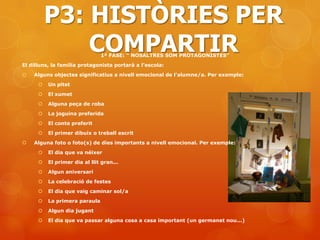 P3: HISTÒRIES PER
              COMPARTIR        1ª FASE: “ NOSALTRES SOM PROTAGONISTES”
El dilluns, la família protagonista portarà a l’escola:
   Alguns objectes significatius a nivell emocional de l’alumne/a. Per exemple:
         Un pitet
         El xumet
         Alguna peça de roba
         La joguina preferida
         El conte preferit
         El primer dibuix o treball escrit
   Alguna foto o foto(s) de dies importants a nivell emocional. Per exemple:
         El dia que va néixer
         El primer dia al llit gran...
         Algun aniversari
         La celebració de festes
         El dia que vaig caminar sol/a
         La primera paraula
         Algun dia jugant
         El dia que va passar alguna cosa a casa important (un germanet nou...)
 